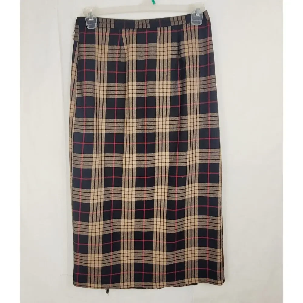 Requirements black tan plaid fringe trim true wrap skirt Size 8 Preppy Holiday
